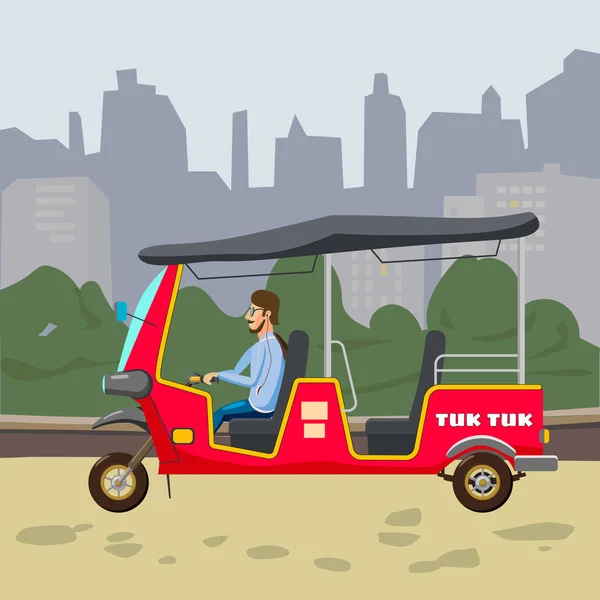 Tuk Tuk asiatische Auto-Rikscha Dreirad mit lokalen Fahrer. Hintergrund Stadt städtischen Straße Thailand, indischen Ländern Baby-Taxi. Vektor Illustration isoliert Cartoon-Stil — Stockvektor