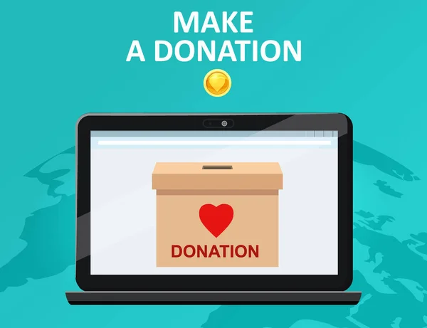 Doe pagamentos online. Faça uma caixa de doação em um monitor de computador portátil. Conceito de angariação de fundos de caridade. Fundo da Terra. Ilustração vetorial isolada — Vetor de Stock