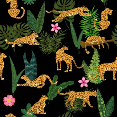 Tropikal bitkilerle farklı pozlarda duran leoparlar çiçekleri pürüzsüz bir desen bırakır. Vektör izole moda biçimi