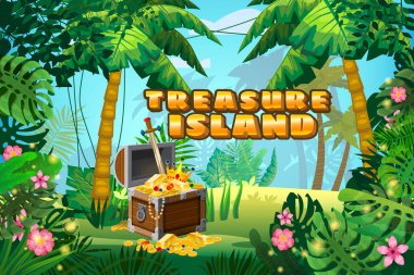 Hazine Adası Korsan sandığı altın sikkelerle dolu. Mücevherler kraliyet kılıcı. Orman tropikal ormanları farklı egzotik bitki yaprakları, çiçekler, lianalar, bitki örtüsü, yağmur ormanları. Tasarım oyunu için