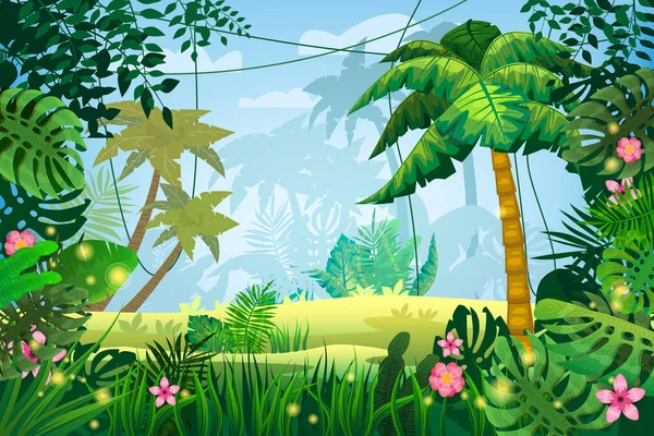Ζούγκλα τροπικό δάσος παλάμες διάφορα εξωτικά φύλλα φυτών, λουλούδια, λιανά, χλωρίδα, τροπικό δάσος τοπίο φόντο. Για το παιχνίδι του σχεδιασμού, εφαρμογές, πανό, εκτυπώσεις. Απομονωμένη απεικόνιση διανύσματος — Διανυσματικό Αρχείο