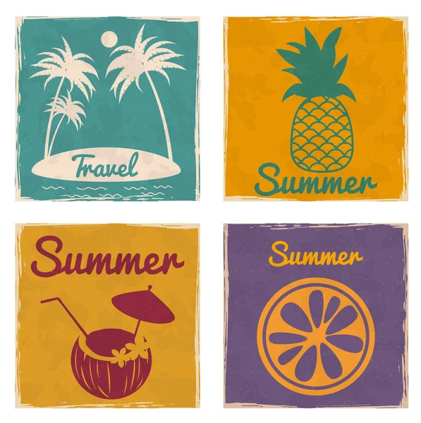 设置海滨海滩椰子鸡尾酒菠萝切碎橙柠檬古董卡片海报。带有文本旅行夏季矢量图片说明的纹理Grunge效果复古卡隔离 — 图库矢量图片