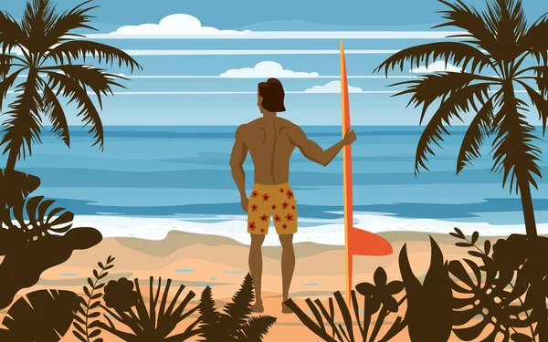 Surfista de pie con tabla de surf en la playa tropical vista trasera. Palmeras océano surfung tema. Banner de póster de plantilla aislada de ilustración vectorial — Archivo Imágenes Vectoriales