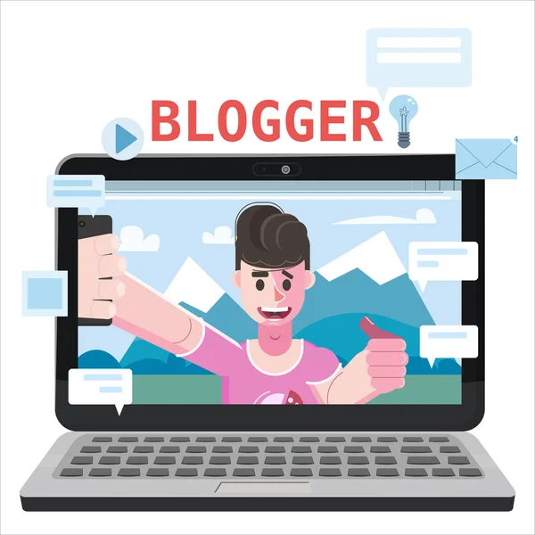 Blogger making video for blog or vlog. Popular young video streamer blogger man, live broadcast, podcast, online channel, laptop. Reviews, questions, answers of subscribers of the audience. Vector — Stock Vector