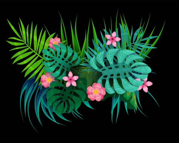 Verano hojas tropicales plantas exóticas hoja de la selva de palma. Colores de tendencia en el banner de plantilla de fondo oscuro. Ilustración vectorial aislada — Archivo Imágenes Vectoriales