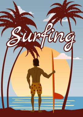Tropik sahil manzarasında sörf tahtası olan sörfçü. Palmiyeler üzerinde sörf yapmak okyanus temalı antika. Vektör illüstrasyonu izole edilmiş şablon afişi