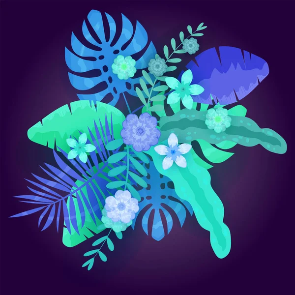 Καλοκαίρι Tropic μοντέρνα νέον τροπικά φύλλα εξωτικά φυτά φοίνικα φύλλα ζούγκλα. Τάση χρωμάτων σε σκούρο φόντο banner πρότυπο. Απομονωμένη απεικόνιση διανύσματος — Διανυσματικό Αρχείο