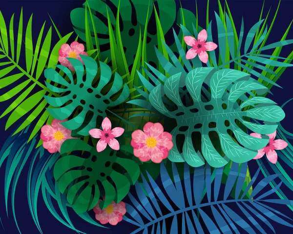 Летние тропические листья экзотических растений пальмовые листья джунглей. Трендовые цвета на темном фоне искушают баннер. Векторная иллюстрация — стоковый вектор