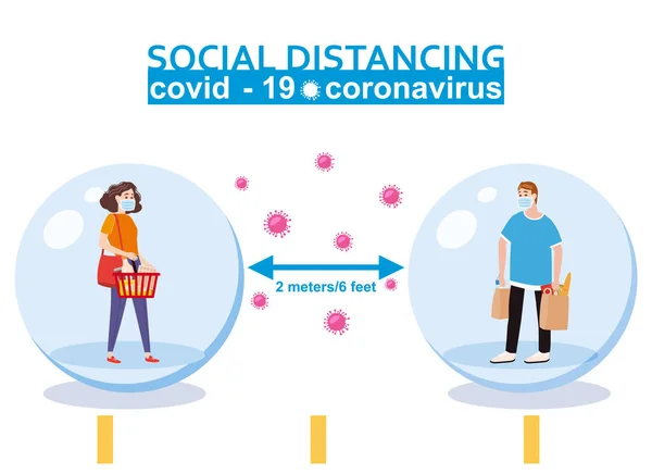 Distanciamento social e do COVID-19 surto de coronavírus espalhando prevenção conceito. Mantenha uma distância segura 2 metros de outros nas filas de farmácia do banco de supermercados. Personagens homem e mulher — Vetor de Stock