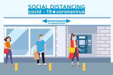 Sosyal uzaklık ve COVID-19 koronavirüs salgınının yayılma konsepti önlemesi. Süpermarketteki eczane kuyruklarında diğerlerinden 2 metre uzakta durun. Karakterler sıraya dizilir
