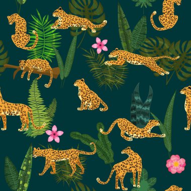 Tropikal bitkilerle farklı pozlarda duran leoparlar çiçekleri pürüzsüz bir desen bırakır. Vektör izole moda biçimi