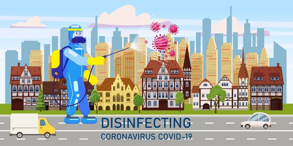 Seorang ilmuwan dalam pakaian perlindungan kimia mendisinfeksi semprotan untuk membersihkan dan mensterilkan virus Covid-19 di pusat kota di jalanan, penyakit Coronavirus, tindakan pencegahan. Ilustrasi vektor - Stok Vektor