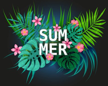 Yaz tropikal yaprakları, egzotik bitki yaprakları, orman yaprağı. Koyu arkaplan şablon pankartında moda renkleri. Vektör çizimi izole edildi