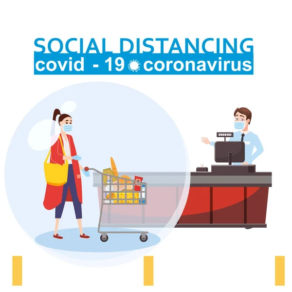 El distanciamiento social y el brote de coronavirus COVID-19 difunden el concepto de prevención. Mantenga una distancia segura a 2 metros de otros en las colas de farmacia del banco de supermercados. Personajes en un — Archivo Imágenes Vectoriales