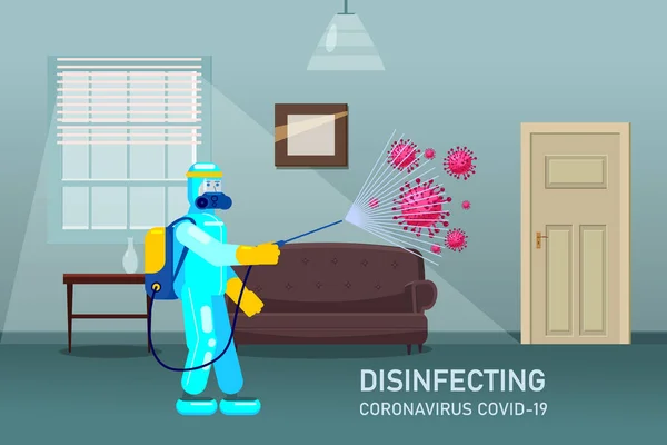 Uomo medico scienziato in tuta protezione chimica disinfetta spray per la pulizia e disinfettare il virus Covid-19 negli interni della casa, malattia di Coronavirus, misure preventive. Illustrazione vettoriale stile piatto — Vettoriale Stock