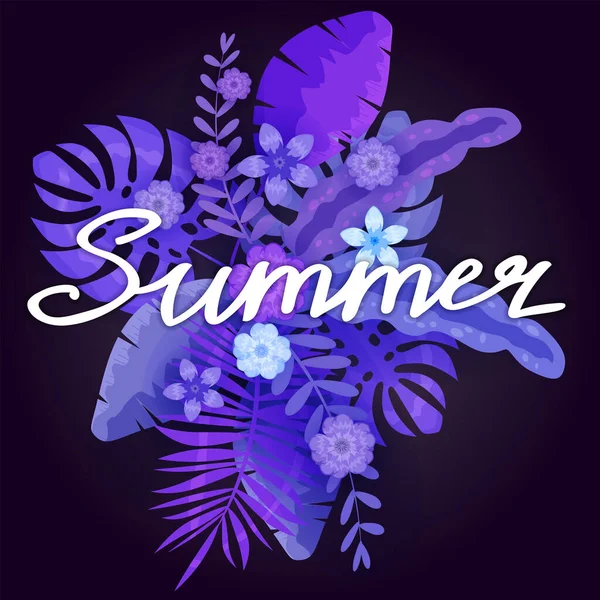 Zomer trendy neon tropische bladeren exotische planten palm jungle blad belettering. Trending kleuren op donkere achtergrond sjabloon banner. Vectorillustratie geïsoleerd — Stockvector