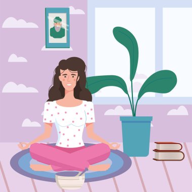 Sosyal mesafelerde yoga yapan kadın karakter. Evde karantinada kalıyor. İçerisi sıcacık. Virüs salgını sırasındaki sosyal illüstrasyon. Sancak izole