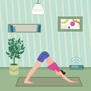 Sosyal mesafelerde yoga yapan kadın karakter. Evde karantinada kalıyor. İçerisi sıcacık. Virüs salgını sırasındaki sosyal illüstrasyon. Sancak izole