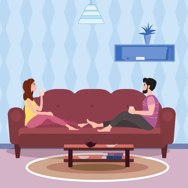 Young couple drinks coffee or tea in a cozy cute interior romantic mood on social distancing. Stays at home quarantine. Cozy interior. Vector social illustration during a virus pandemic. Banner — Stock Vector