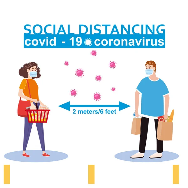 Társadalmi távolság és a COVID-19 coronavirus járványkitörés terjedésének koncepció megelőzés. Tartsa a biztonságos távolságot 2 méterre másoktól a szupermarket bank gyógyszertár soraiban. Karakterek férfi és nő — Stock Vector