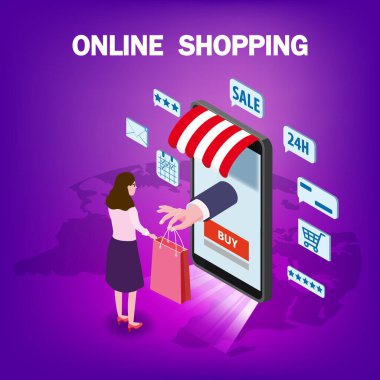 Çevrimiçi alışveriş yapan genç bayan karakter el akıllı telefon internet dükkanından bir paket sunuyor. Simgeli Isometric süpermarket, tente palet Dünya arka planı. Vektör kavramı ve Dijital