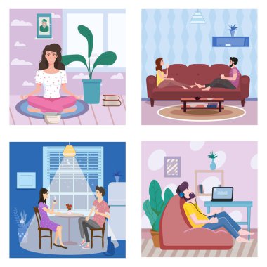 Pankartı ayarlayın. Evde kalın. Yoga yapan kadın karakter, müzik dinleyen erkek. Genç çift sosyal mesafeli karantinada rea ya da kahve içer. Bir virüs salgını sırasında vektör sosyal illüstrasyon