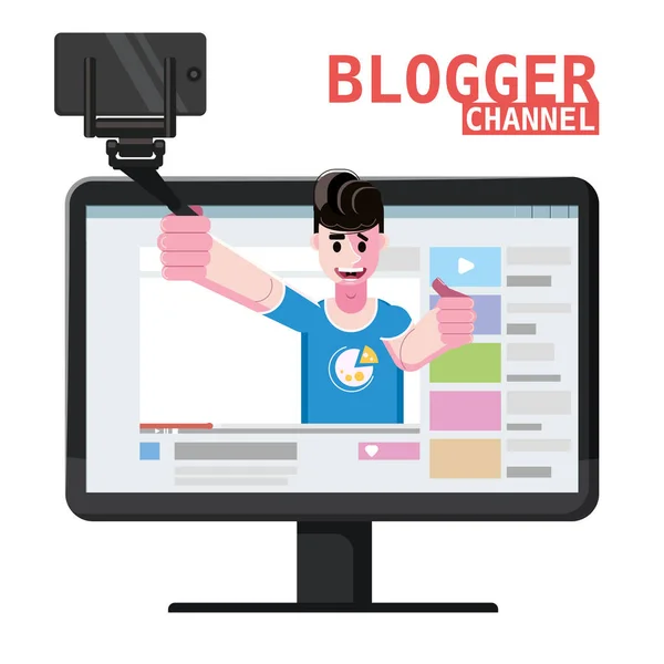 ブログやインターフェースWeb上のvlog用のブロガーチャンネルビデオは、三脚にスマートフォンを保持しています。人気の若いビデオストリーマーブロガーの男、ライブ放送、ポッドキャスト、オンラインチャンネル。レビュー、質問、回答 — ストックベクタ