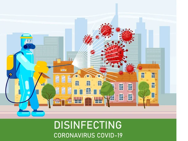 Uomo medico scienziato in tuta protezione chimica disinfetta spray per la pulizia e disinfettare il virus Covid-19 in città centro sulla strada, malattia di Coronavirus, misure preventive. Illustrazione vettoriale — Vettoriale Stock