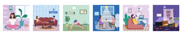 Ponga la pancarta Quedarse en casa. Personaje femenino practicando yoga, el Hombre escucha música. Pareja joven bebe rea o café en, ver películas o programas de televisión cuarentena distanciamiento social. Vector social — Archivo Imágenes Vectoriales