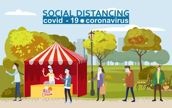 Jégkrém sátor karakterek férfiak és nők állnak sorban a fagylalt. Társadalmi távolság és a COVID-19 coronavirus járványkitörés terjedésének koncepció megelőzés. Tartsa a biztonságos távolságot 2 méterre — Stock Vector