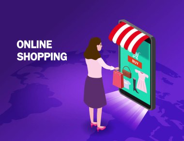 Çevrimiçi alışveriş yapan genç kadın karakteri akıllı telefon internet mağazası satın alıyor. Simgeli Isome süpermarketi, çevrimiçi mağaza kapısının üstünde güneşlik. Vektör kavramı ve Dijital pazarlama inişi