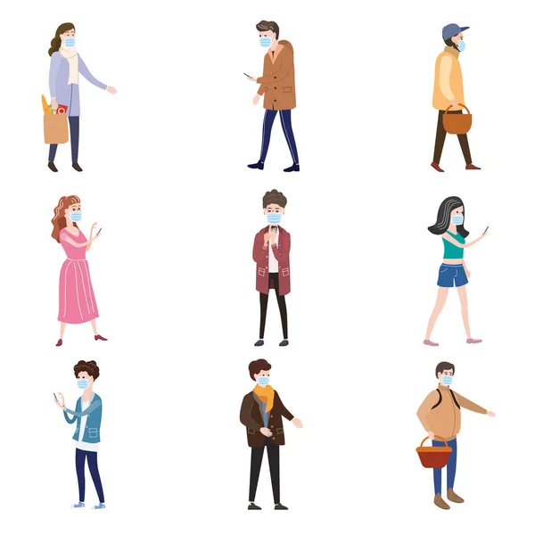 Set characters people wearing medical face masks protect themselves from COVID-19 coronavirus outbreak spreading and industrial smog dust toxic air pollution. Vector illustration isolated — Stock Vector