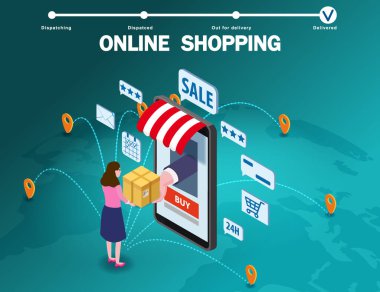 Çevrimiçi alışveriş yapan genç kadın karakteri akıllı telefon internet mağazası satın alıyor. Simgeli, tenteli, palet yeryüzü arka planlı Isometric süpermarket. Vektör kavramı ve Dijital Pazarlama iniş sayfası