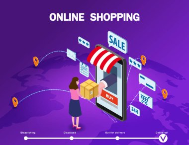 Çevrimiçi alışveriş yapan genç kadın karakteri akıllı telefon internet mağazası satın alıyor. Simgeli, tenteli, palet yeryüzü arka planlı Isometric süpermarket. Vektör kavramı ve Dijital Pazarlama iniş sayfası