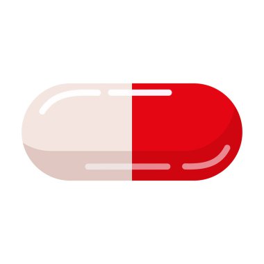 Tıbbi İlaç Renkli Füj beyaz ve kırmızı şablon kapsülleri beyaz arka planda. Model ambalaj tasarımı. Vektör çizimi izole edildi