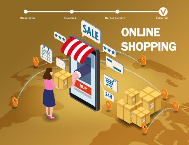 Çevrimiçi alışveriş yapan genç kadın karakteri akıllı telefon internet mağazası satın alıyor. Simgeli, tenteli, palet yeryüzü arka planlı Isometric süpermarket. Vektör kavramı ve Dijital Pazarlama iniş sayfası