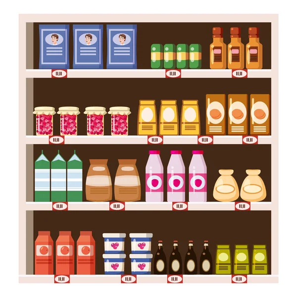 Supermarket Obchod s potravinami Police Obchod s mléčnými výrobky sortiment obchoďáku. Izolovaná vektorová ilustrace — Stockový vektor