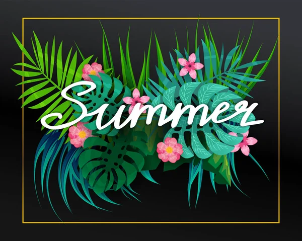 Zomer tropische bladeren exotische planten palm jungle blad belettering. Trending kleuren op donkere achtergrond sjabloon banner. Vectorillustratie geïsoleerd — Stockvector