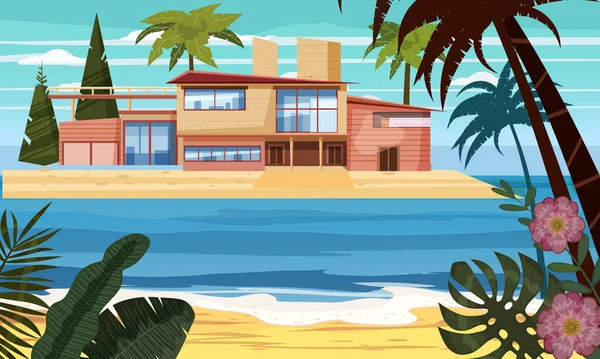 Sea shore beach luxury cottage villa house for rest with palms and plants, sea, ocean. Modern architecture. Sunny summer landscape day vacation seaside. Vector template banner isolated illustration — Stock Vector