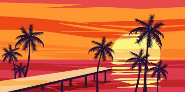 Yaz tatili geçmişi. Sunset View deniz yatağı posteri. Vector Plaj Oteli. Görüntü izole edildi