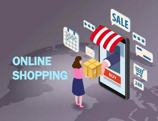Çevrimiçi alışveriş yapan genç kadın karakteri akıllı telefon internet mağazası satın alıyor. Simgeli, tenteli, palet yeryüzü arka planlı Isometric süpermarket. Vektör kavramı ve Dijital Pazarlama iniş sayfası