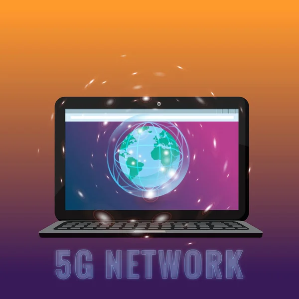 5G internet nieuwe mobiele draadloze technologie wifi-verbinding. Laptop stad planete Aarde. Vijfde innovatieve generatie van het wereldwijde hogesnelheidsnetwerk. Vectorconcept illustratie isolatie — Stockvector