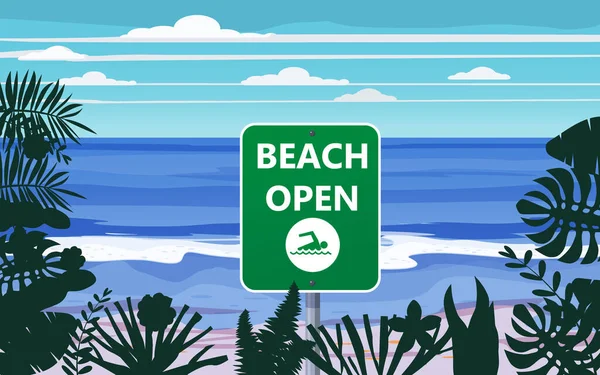 Banner de praia de verão aberto. Marinheiro oceano costa flora tropical palmas. Férias da época de abertura. Ilustração vetorial isolada — Vetor de Stock
