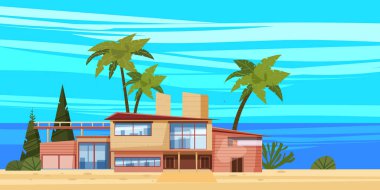 Deniz kıyısındaki lüks yazlık evde dinlenmek için palmiyeler, bitkiler, deniz, okyanus. Modern mimari. Güneşli yaz tatili deniz kenarında. Vektör şablonu gösterimi izole edildi