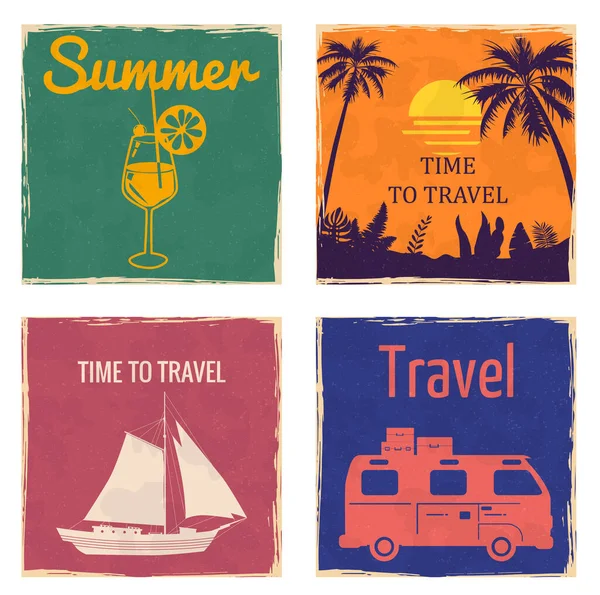 Set Sunset Seaside Sailboat Van Camper Cocktail vintage cards poster. Textured grunge effect retro card with text Time To Travel Summer Vector illustration silhouette isolated — Stock Vector