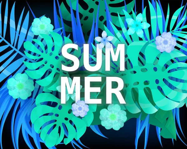 Zomer trendy neon tropische bladeren exotische planten palm jungle blad. Trending kleuren op donkere achtergrond sjabloon banner. Vectorillustratie geïsoleerd — Stockvector