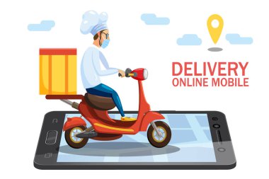Güvenli teslimat COVID-19 koronavirüs salgını. Kurye aşçı kıyafeti ve koruyucu tıbbi maske ile yiyecek ürünlerini Scooter siparişiyle internete yüklüyor. Teslimat yok, evde kal.