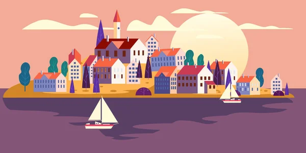 Kust exotische badplaats stad badplaats eiland huizen hotels, wolkenkrabbers bij levendige zonsondergang op het strand van de oceaan. Minimaal trendy geometrische platte stijl, vector, illustratie geïsoleerd — Stockvector