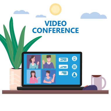 Bilgisayar ekranındaki video konferans insanları internetten konuşuyorlar, görüntülü konuşma, UI yazılımı. Çevrimiçi toplantı ekibi ev işyeri uzaktan yönetim toplantısından çalışıyor. Vektör