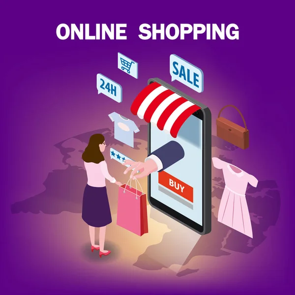 Çevrimiçi alışveriş yapan genç bayan karakter el akıllı telefon internet dükkanından bir paket sunuyor. Simgeli, tenteli, palet yeryüzü arka planlı Isometric süpermarket. Vektör kavramı ve Dijital